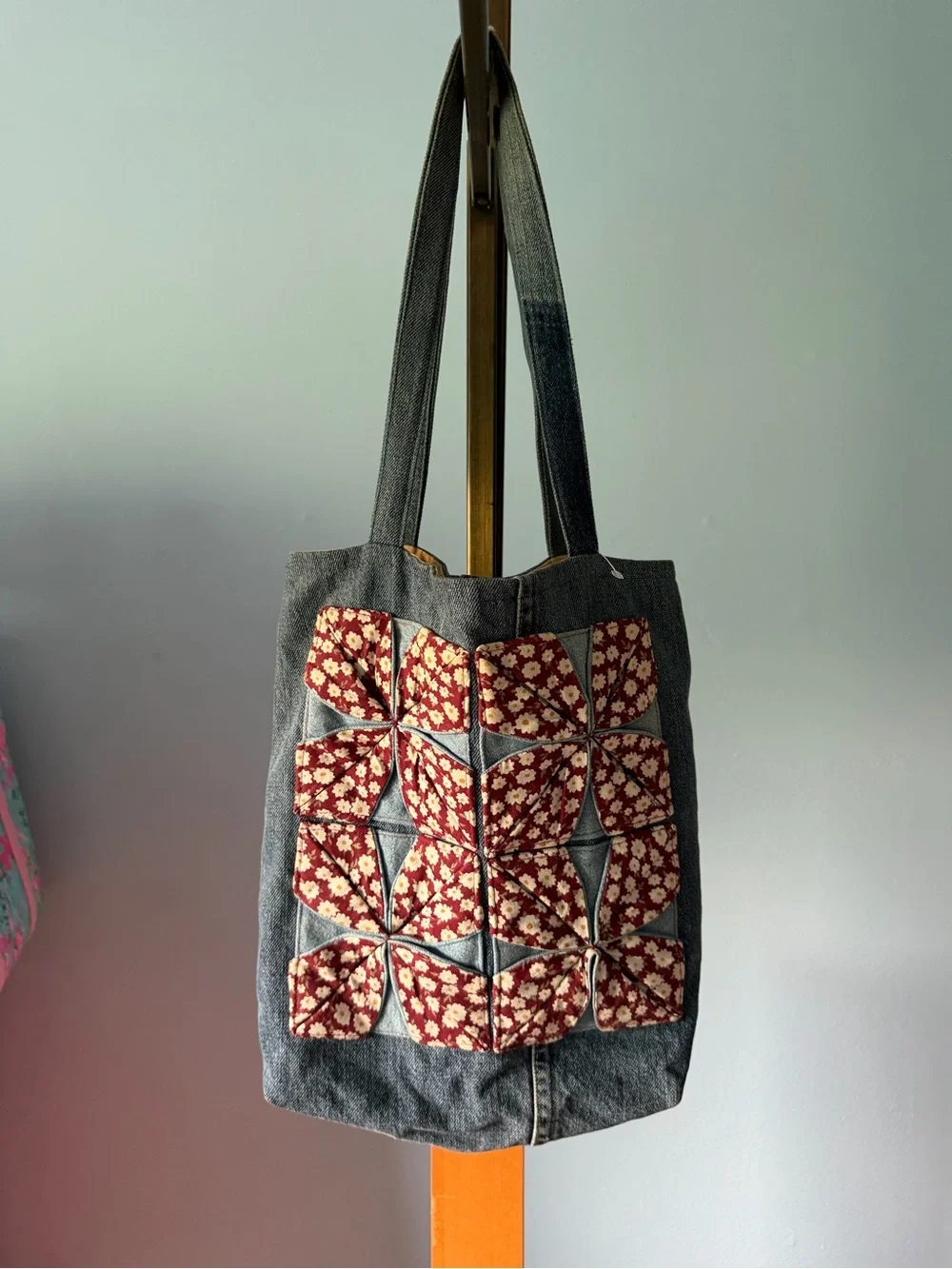 Quilted Denim Tote vintage with Red Floral quilted Patchwork Jean pockets